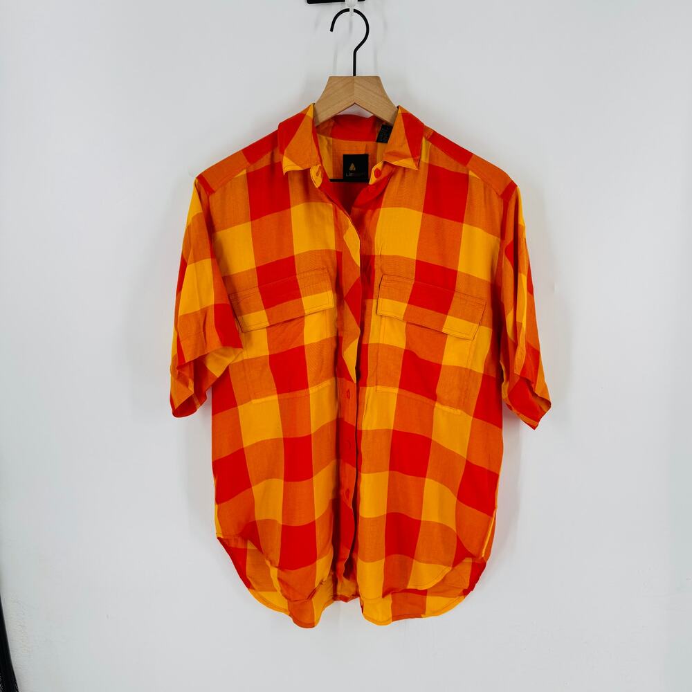 Vintage Liz Sport Rayon Button Down Orange‎ Yellow Plaid Shirt Size Small Farm